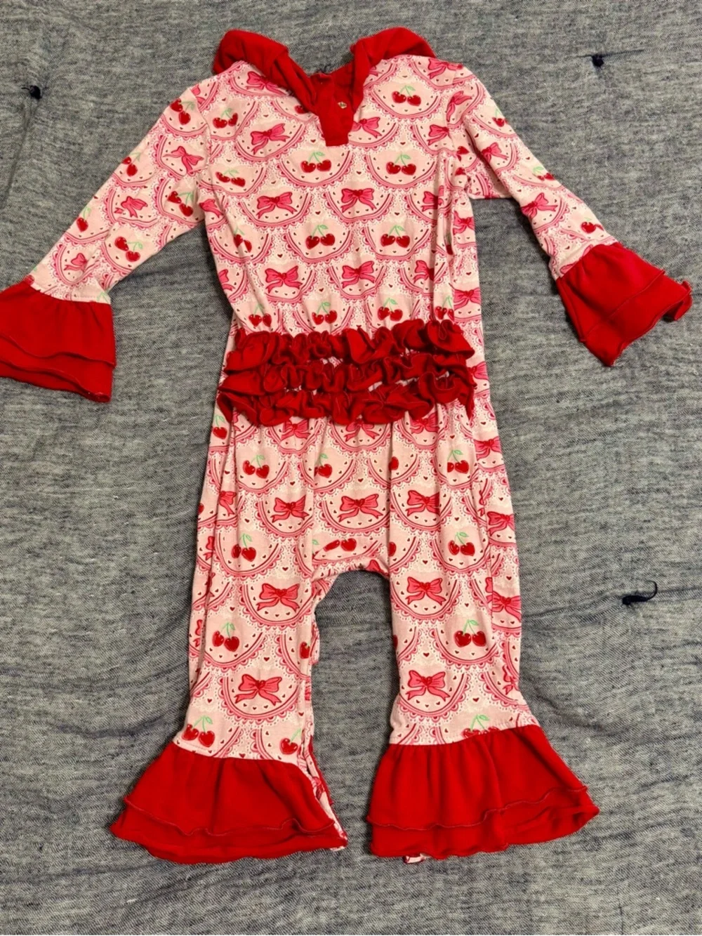 Ruffle Butts Pink Red Cherry Bows Flare Onesie Size 18-24m - Picture 2 of 3